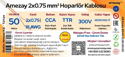 Amezay 50 meter 2x0.75 mm² 18 AWG Speaker Cable | CCA | TTR | 300V | Halogen Free | White-Red